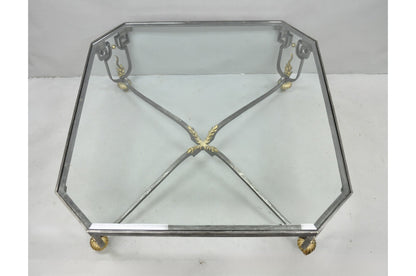 Vintage French Neoclassical Large Wrought Iron & Glass "Flame" Coffee Table