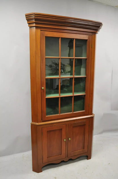 Antique Primitive Colonial Cherry Wood Wavy Glass Corner Cupboard China Cabinet