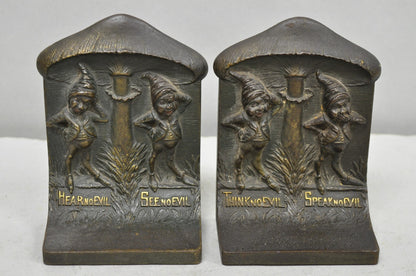 Antique Bradley & Hubbard See No Evil Gnome Mushroom Cast Iron Bookends - Pair