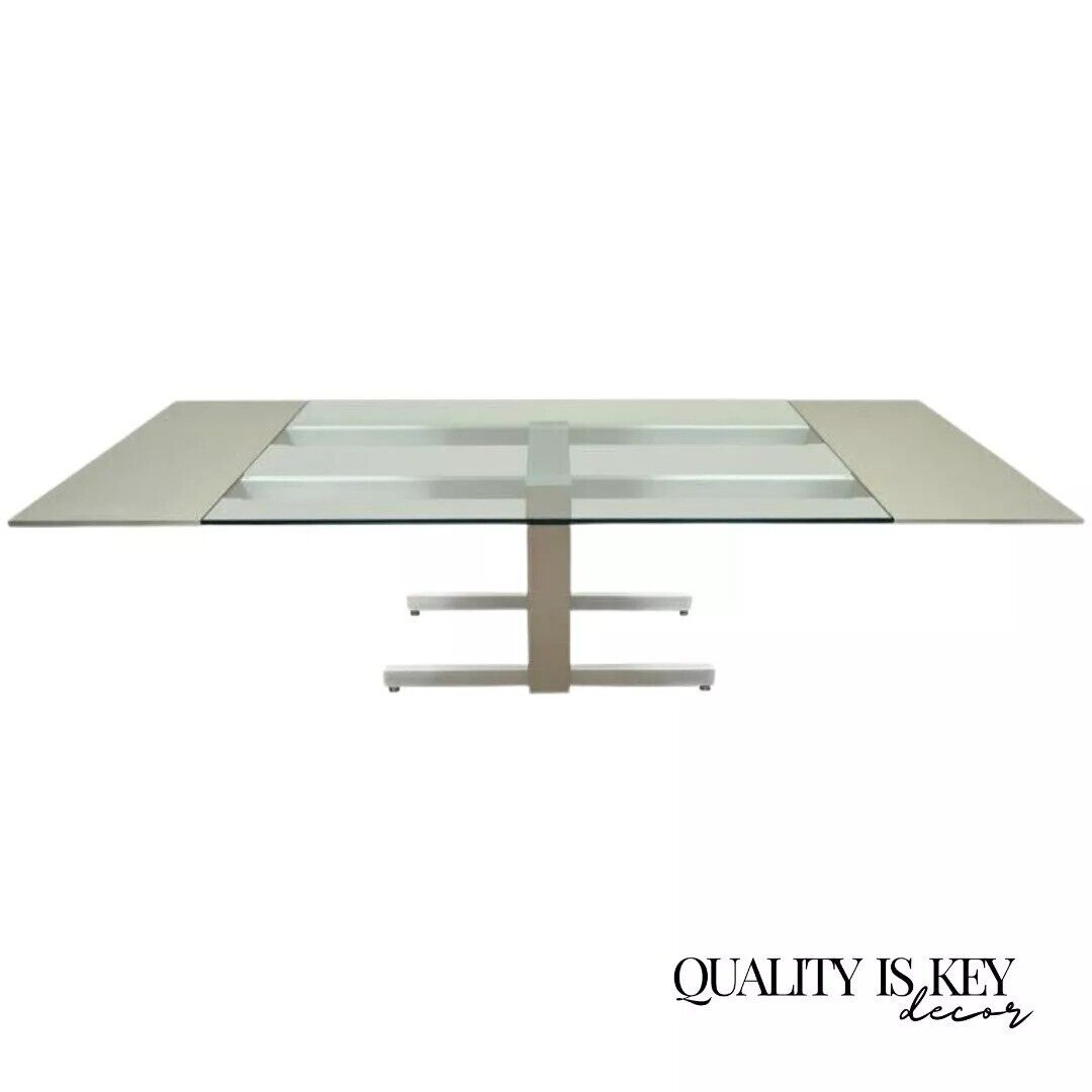 Vladimir Kagan Brushed Aluminum & Glass Cubist Extension Dining Conference Table