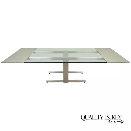 Vladimir Kagan Brushed Aluminum & Glass Cubist Extension Dining Conference Table