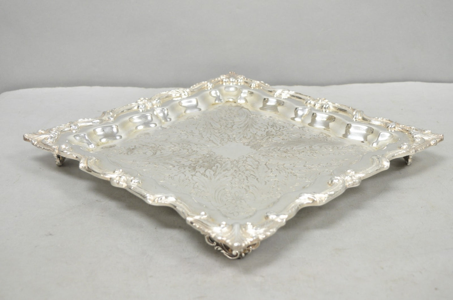 Vintage English Silver Mfg. Silver Plated Ornate Square Bar Serving Platter Tray