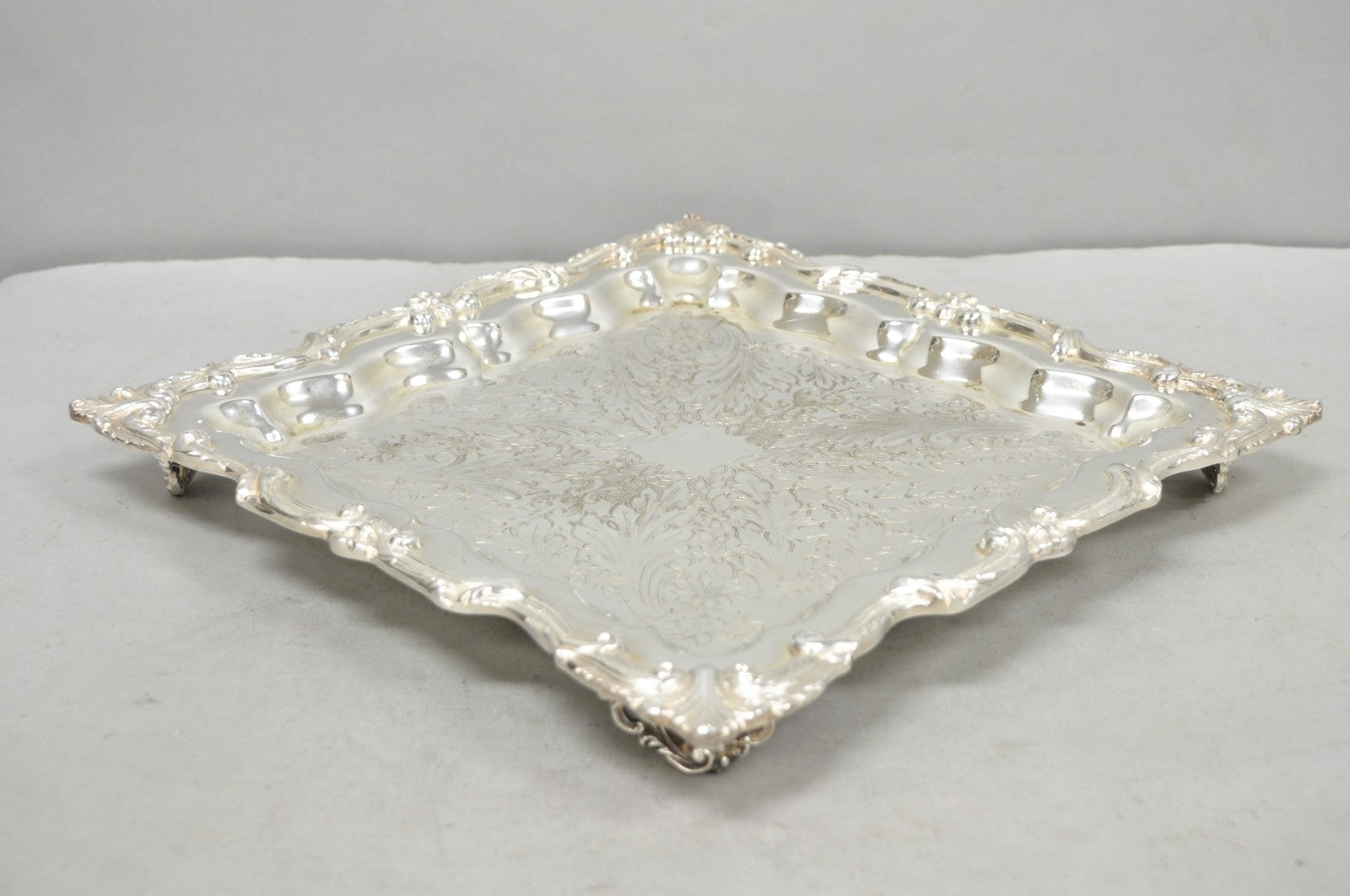 Vintage English Silver Mfg. Silver Plated Ornate Square Bar Serving Platter Tray