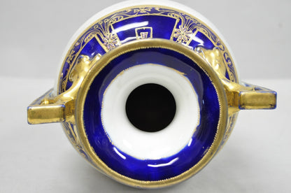 Antique Nippon Hand Painted Cobalt Blue Porcelain Twin Handle Bolted Urn Vase