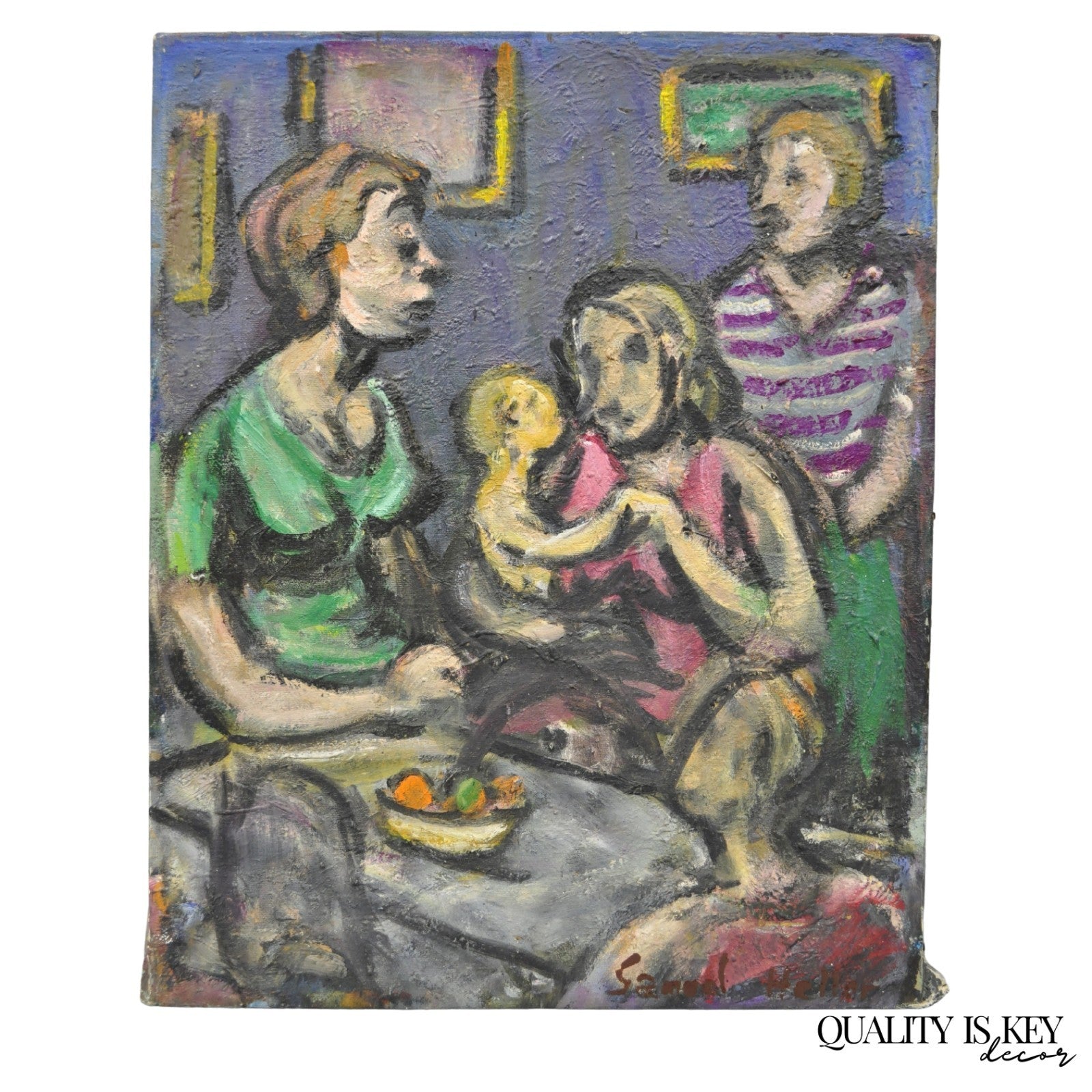 Vintage 1960s Samuel Heller "Women with Child" Oil on Canvas Painting, Signed