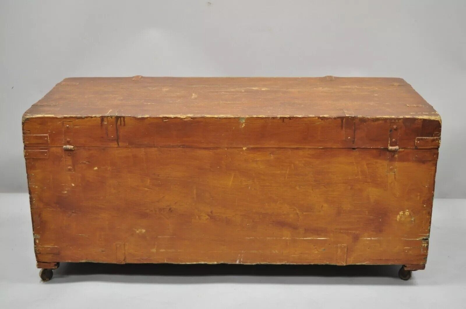 19th C Antique Brown Distress Painted Pine Wood Dovetailed Blanket Chest Trunk