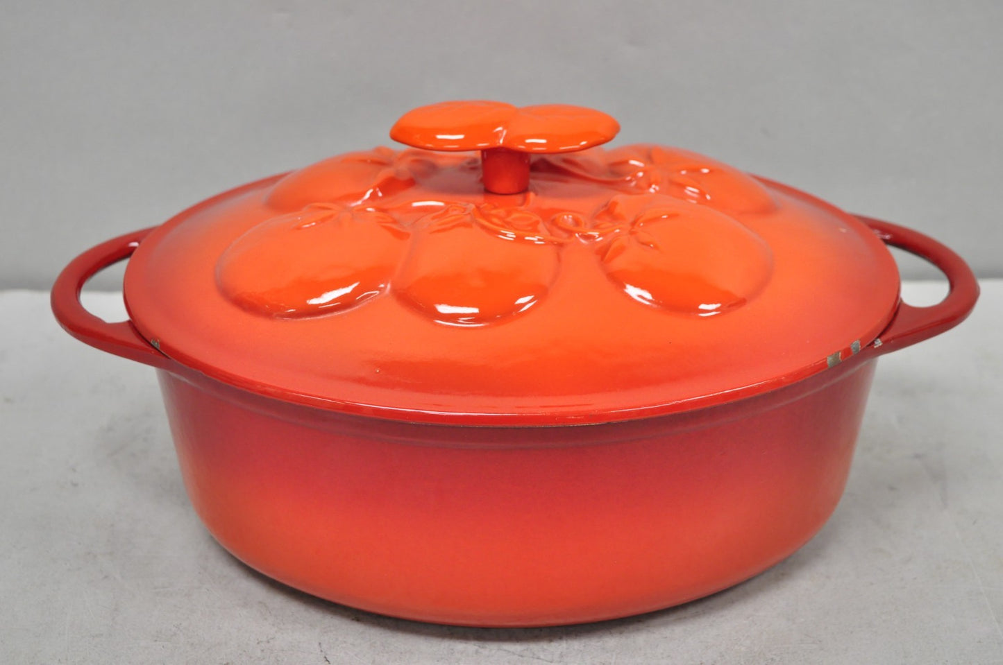 Technique 4 Quart Red Cast Iron Dutch Oven Covered Pot with Tomato Design on Lid