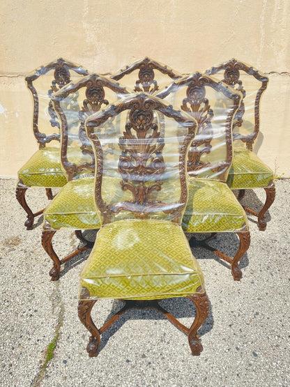 Antique French Rococo Revival Carved Walnut Dining Side Chairs - Set of 6