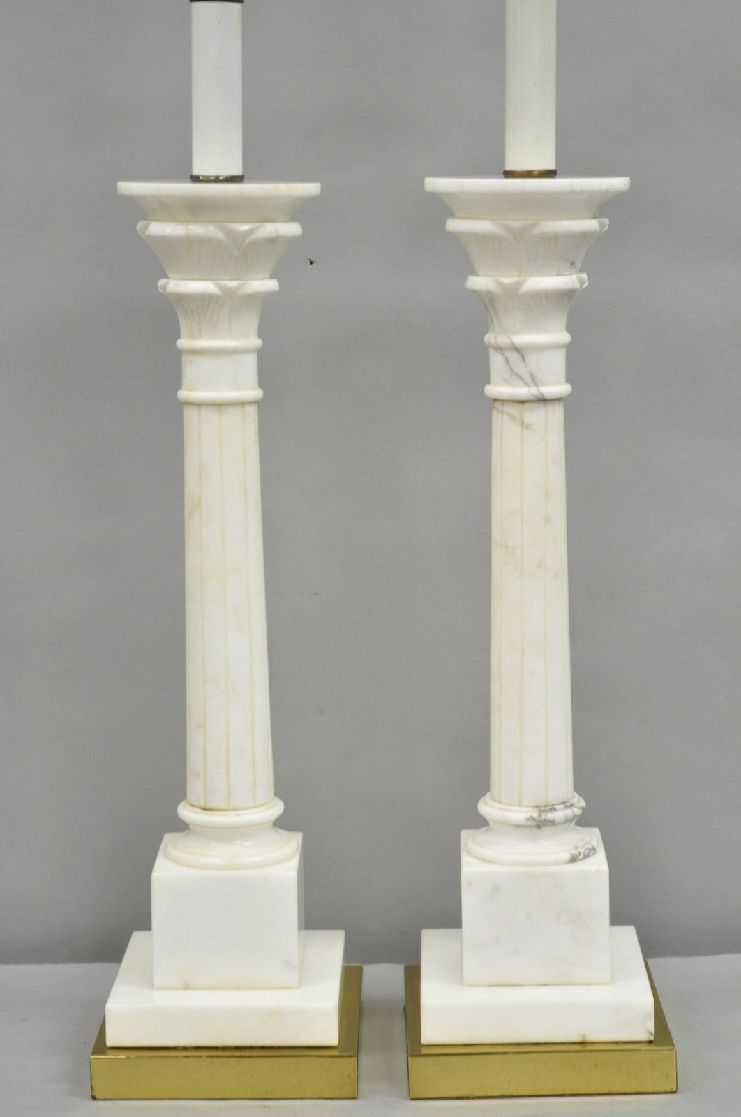 Vintage Italian Neoclassical White Carved Marble Empire Column Table Lamp Pair