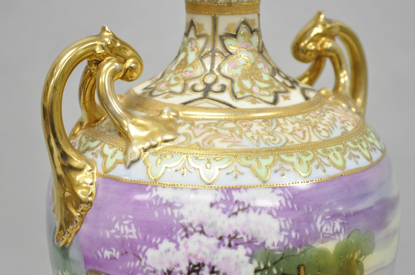 Antique Nippon Hand Painted Cottage Lake Porcelain Twin Handle Bolted Urn Vase