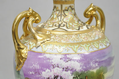 Antique Nippon Hand Painted Cottage Lake Porcelain Twin Handle Bolted Urn Vase