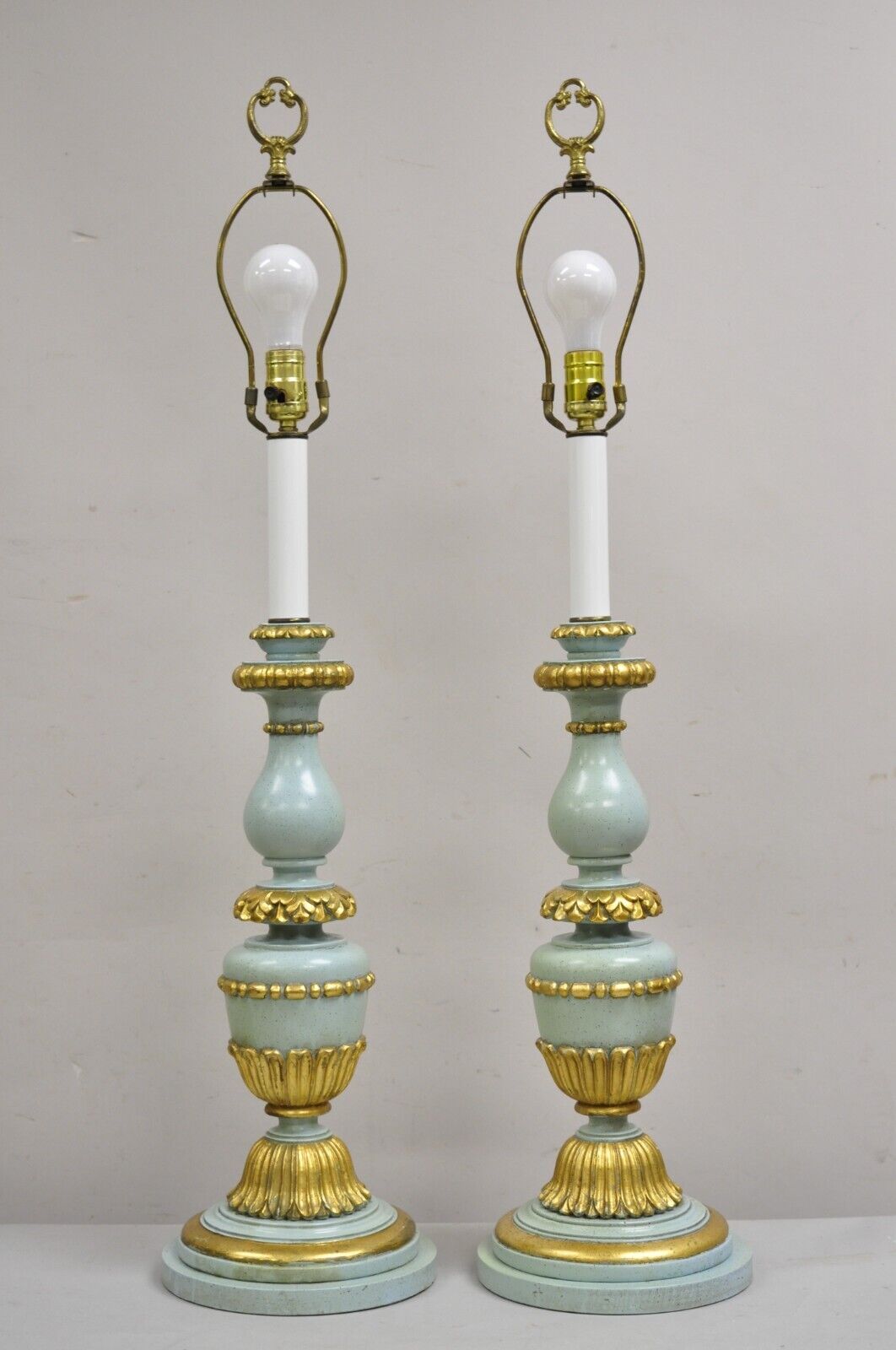 Italian Hollywood Regency Blue & Gold Carved Wood Candlestick Table Lamp - Pair