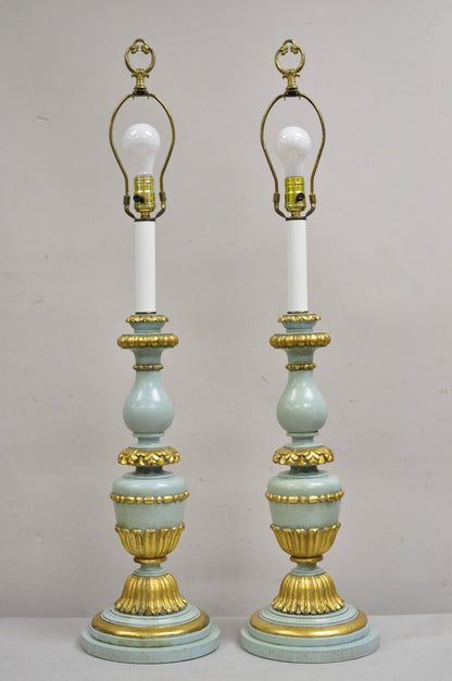 Italian Hollywood Regency Blue & Gold Carved Wood Candlestick Table Lamp - Pair