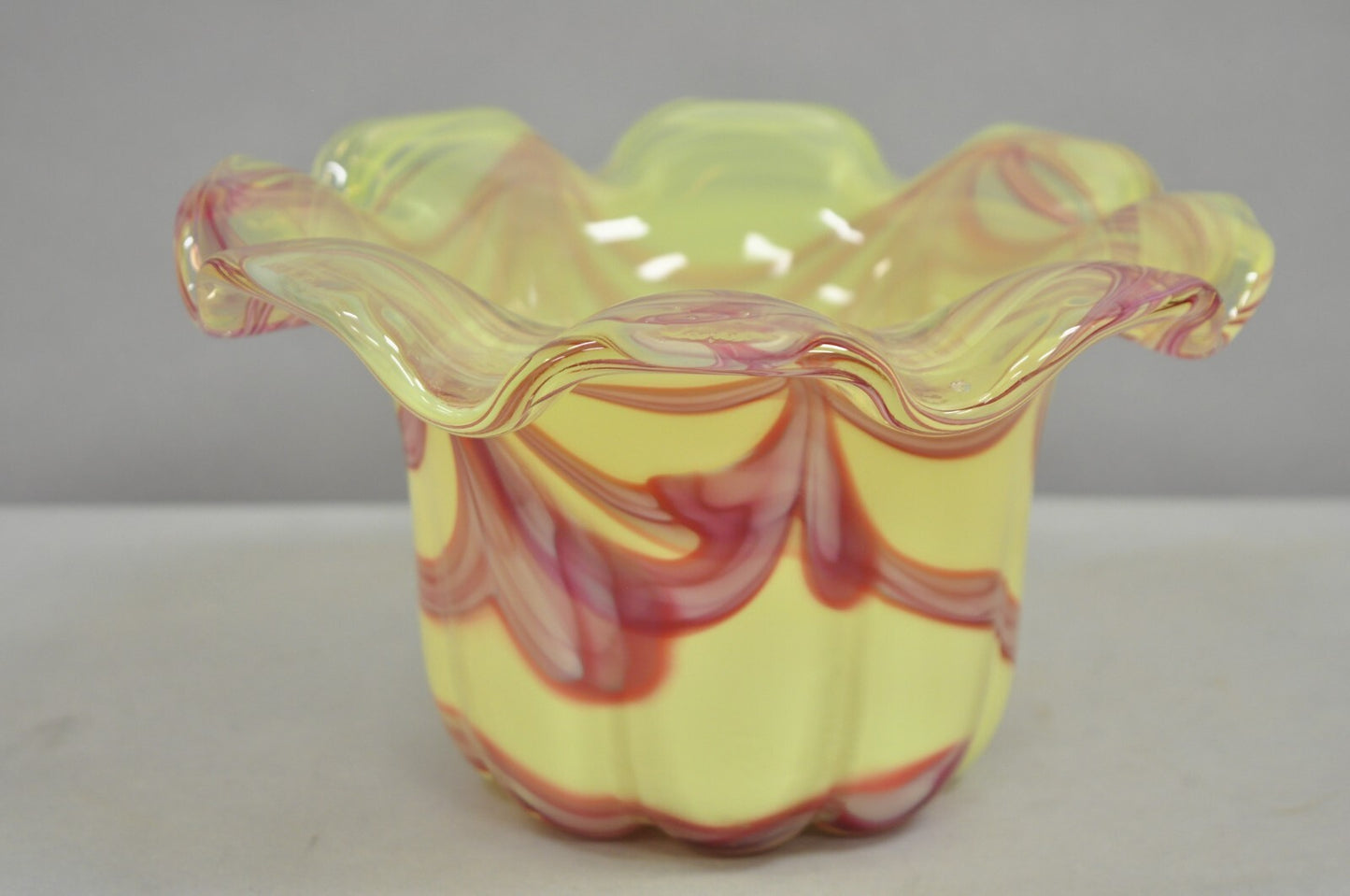 Vintage Murano Italy Hand Blown Glass Yellow Swirl Handkerchief Vase Bowl
