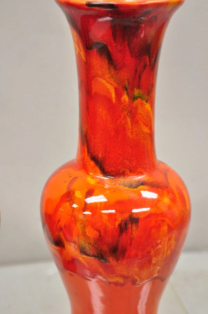Vintage Red Lava Drip Glazed Mid Century Modern Ceramic Pottery Vessel Vase Pair