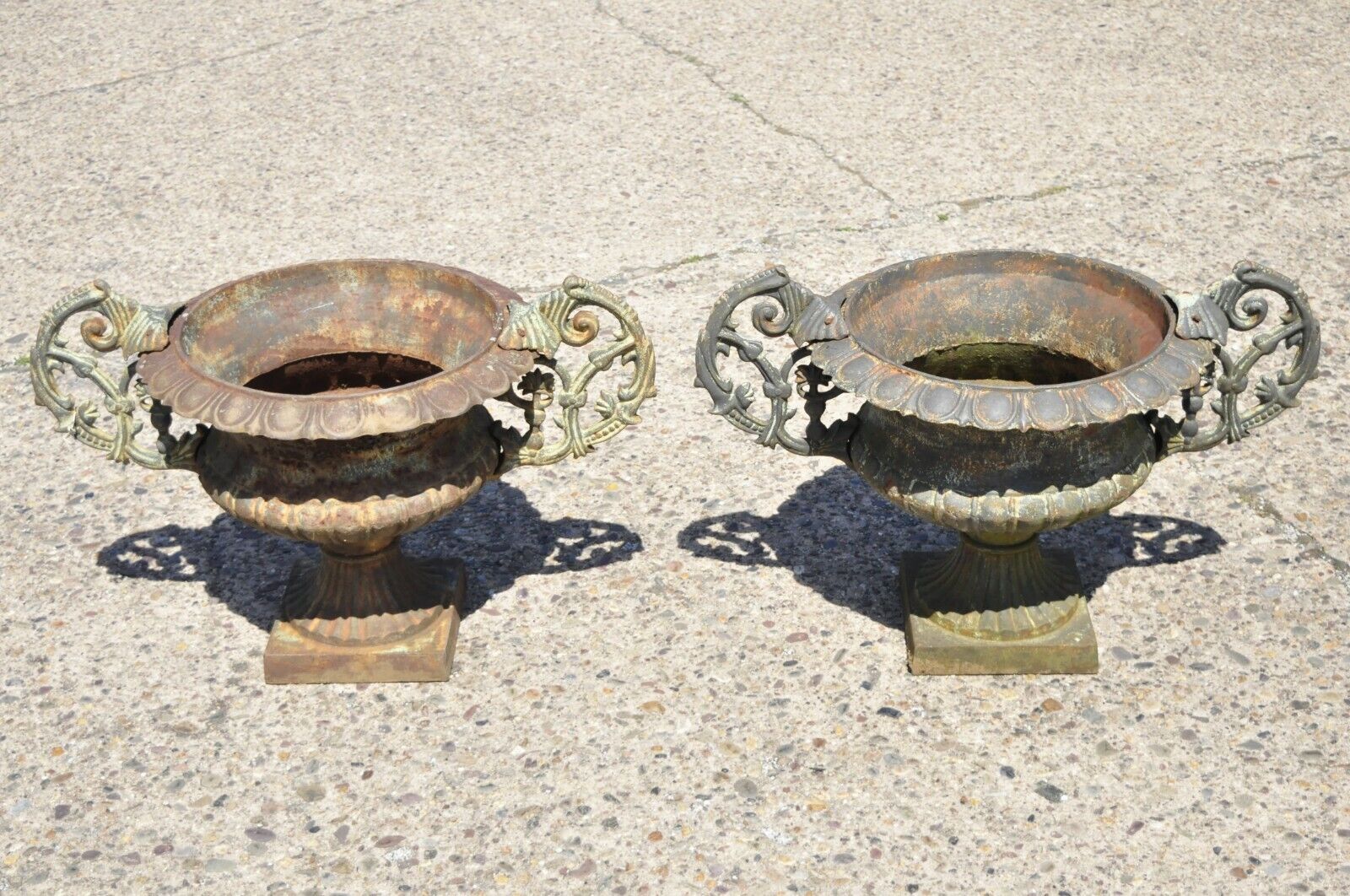 Cast Iron Victorian Style Vrn Form Garden Planters with Handles - a pair