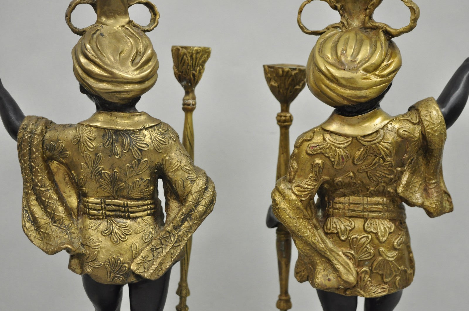 Vintage Moorish Venetian Blackamoor Figural Bronze Candelabra Candle Holder Pair