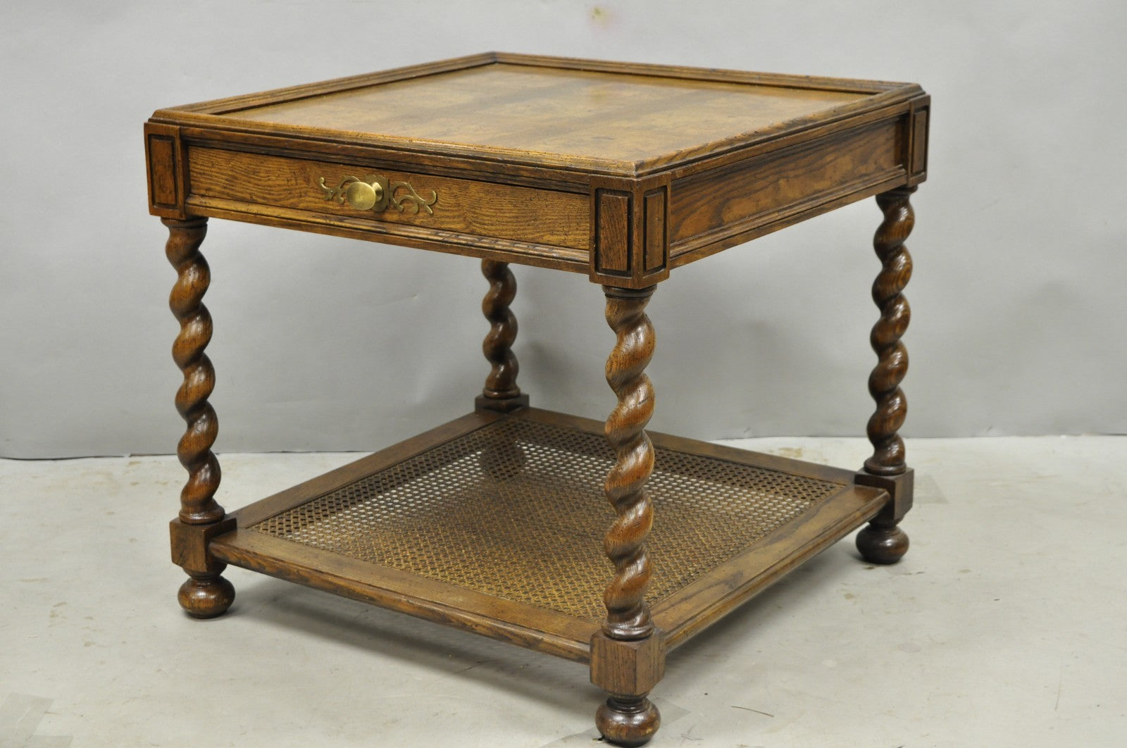 Vintage Baker Barley Twist Oak & Burlwood Parquetry Inlay Square Lamp Side Table