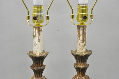 Vintage Italian Hollywood Regency Carved Gold Giltwood Pineapple Table Lamp Pair