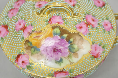 Antique Nippon Hand Painted Gold Gilt Porcelain Green Moriage Covered Sugar Bowl
