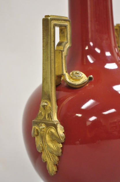 Antique French Louis XV Style Red Glazed Porcelain Table Lamp w/ Bronze Mounts