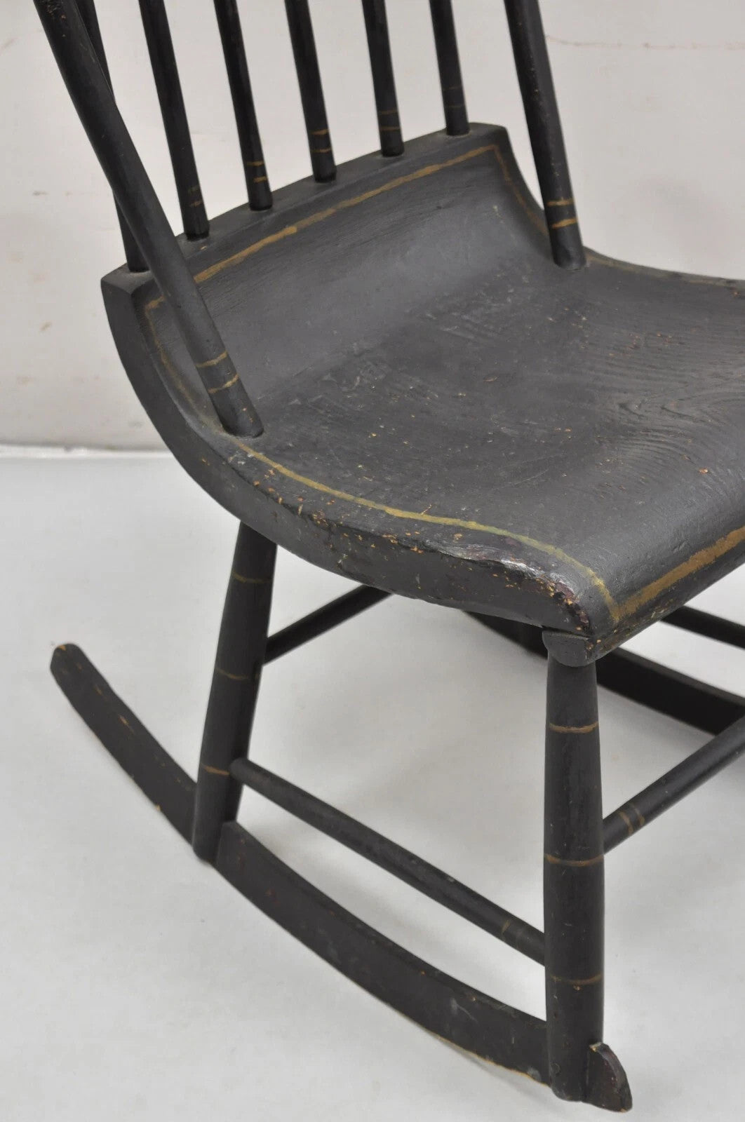 Antique Colonial Stencil Back Black Painted Plank Bottom Rocker Rocking Chair