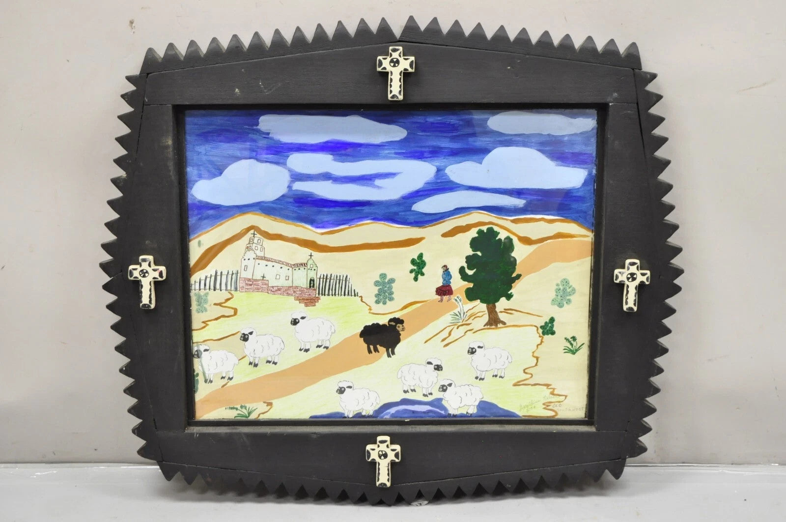Bill & Geraldine Nelson “Old Southwest” Black Sheep Painting Carved Wood Frame