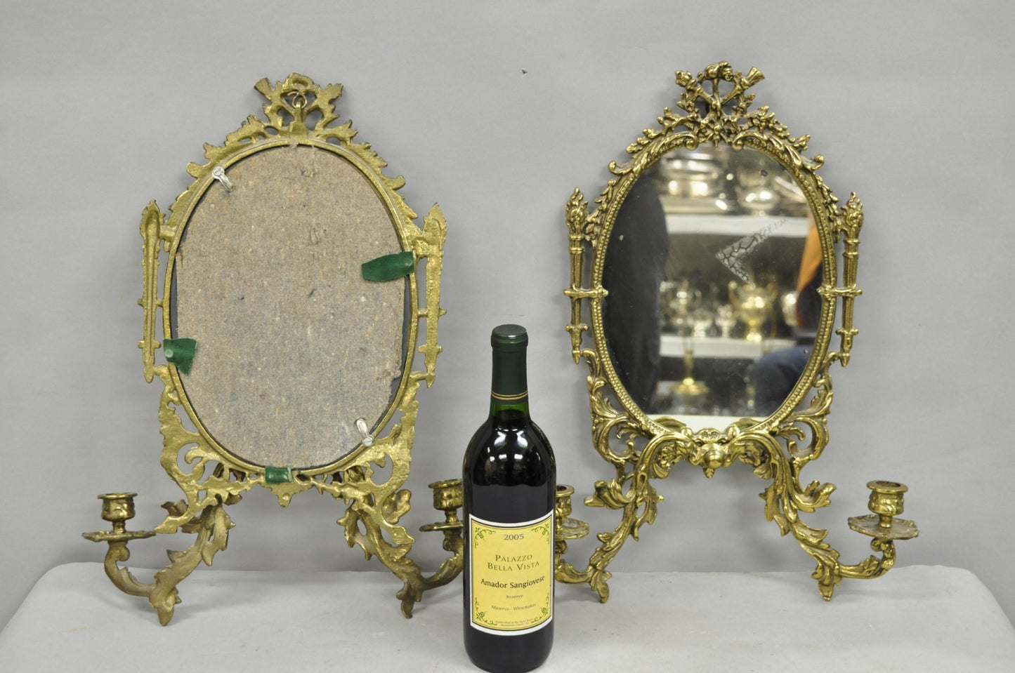 Antique French Rococo Louis XV Brass Oval Mirror Candelabra Wall Sconces - Pair