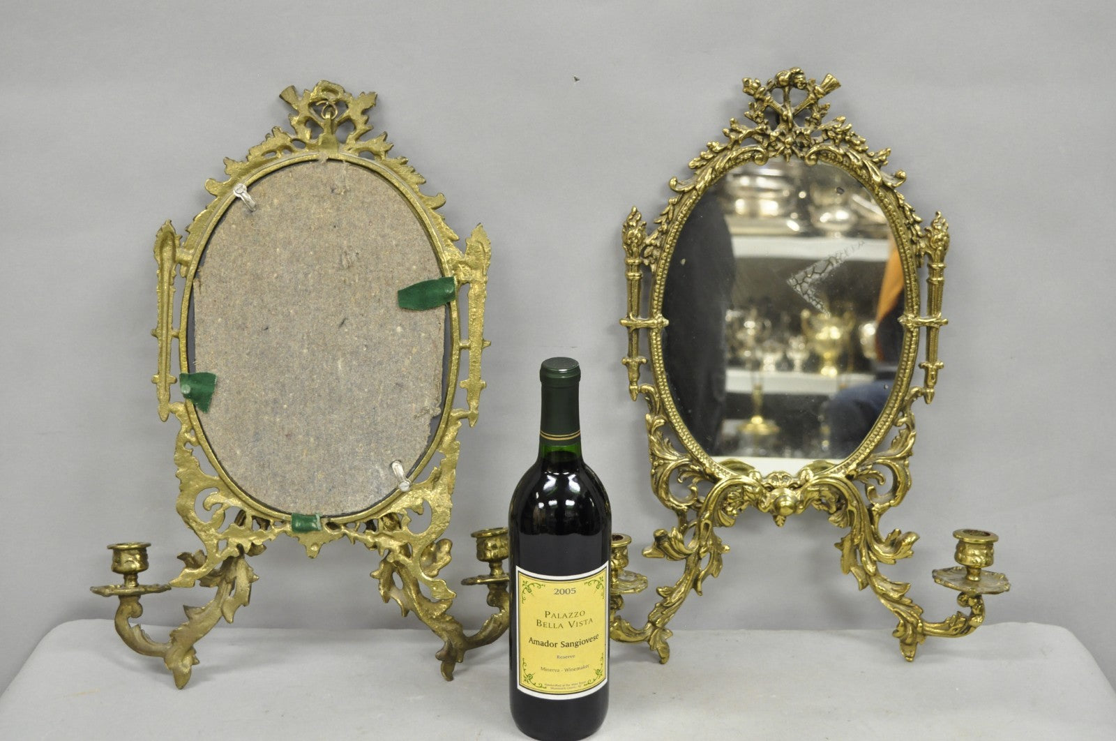 Antique French Rococo Louis XV Brass Oval Mirror Candelabra Wall Sconces - Pair