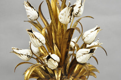 Vintage Italian Hollywood Regency Gold Gilt Iron White Tulip Flower Table Lamp