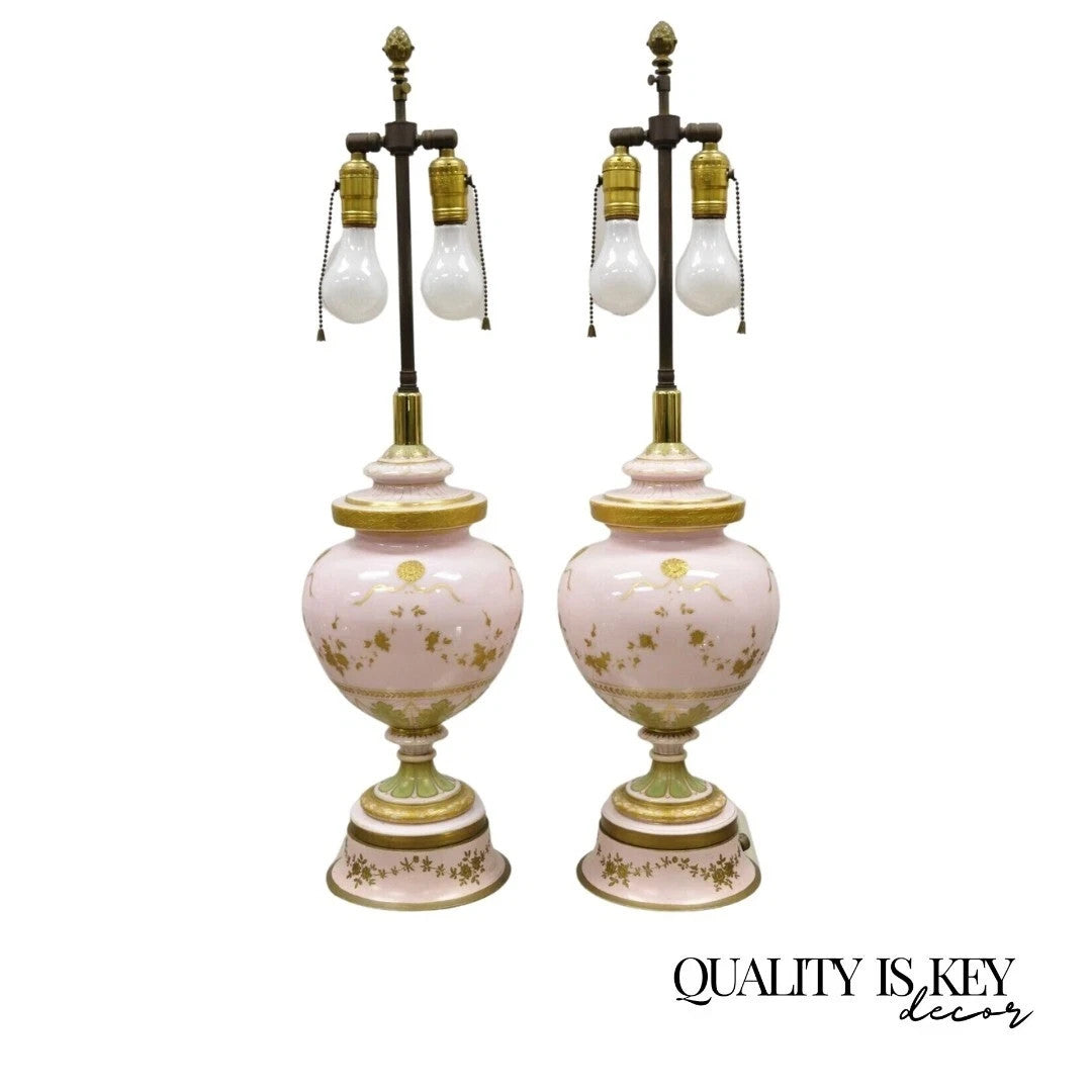 Antique French Louis XV Pink Porcelain Gold Painted Bulbous Table Lamps - a Pair