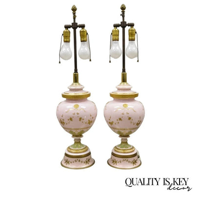 Antique French Louis XV Pink Porcelain Gold Painted Bulbous Table Lamps - a Pair