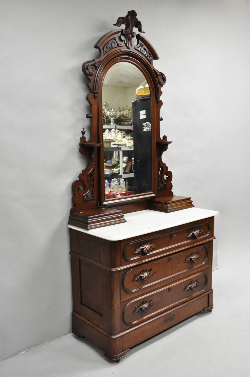 Antique Eastlake Victorian Carved Walnut Marble Washstand Dresser with Mirror