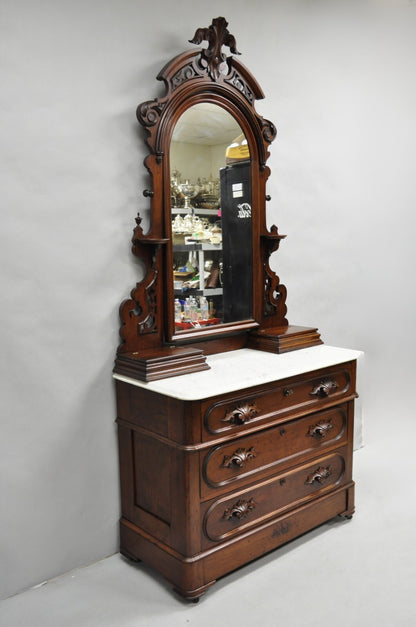 Antique Eastlake Victorian Carved Walnut Marble Washstand Dresser with Mirror