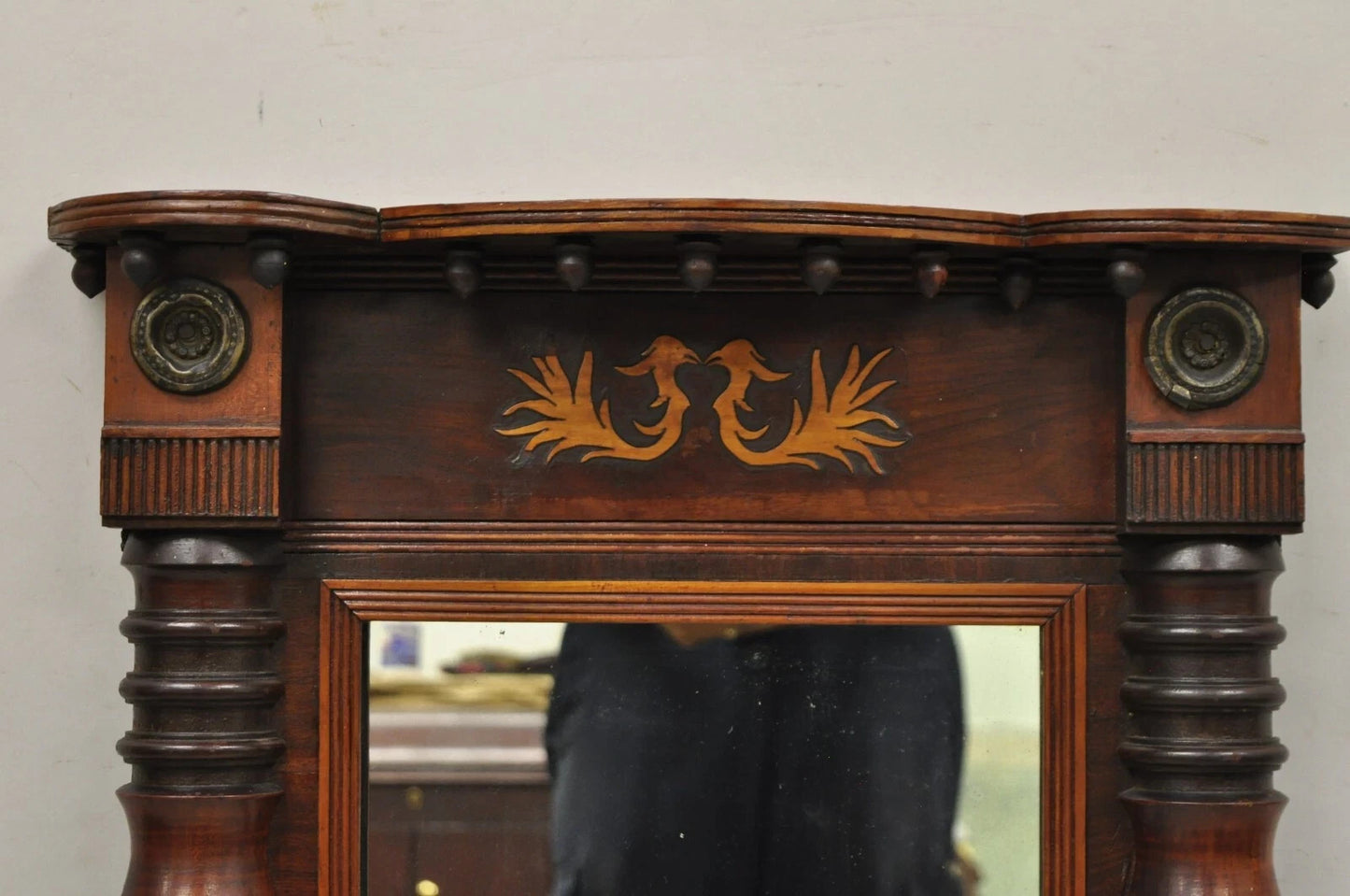 Antique American Empire Walnut Leaf Carved Wall Console Pier Mirror