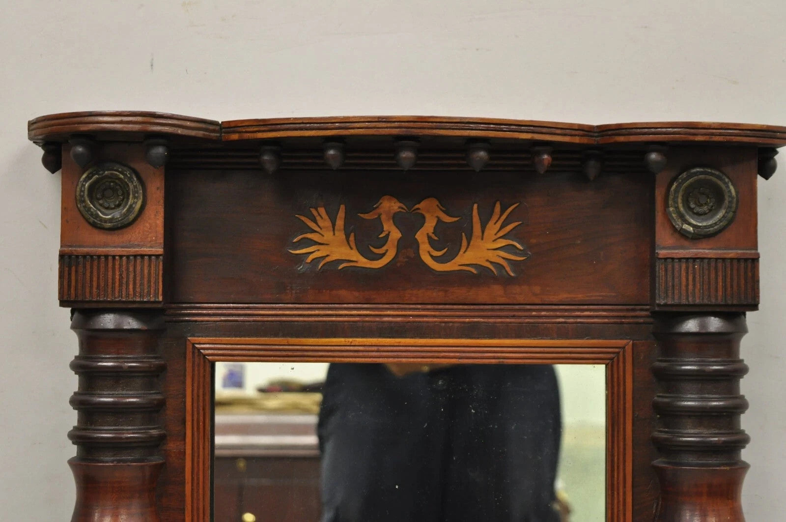 Antique American Empire Walnut Leaf Carved Wall Console Pier Mirror