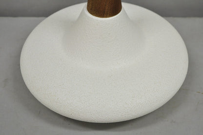 Vintage Mid Century Modern Atomic Era Teak Wood White Ceramic Pottery Table Lamp