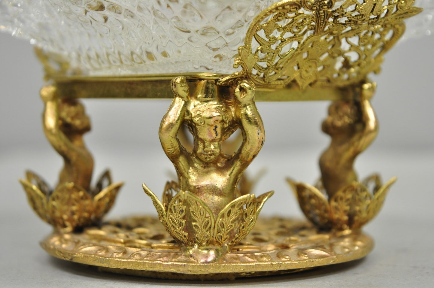 Vintage Brass Filigree Brides Basket Holder w/ Cherubs & 4 Ruffled Glass Dishes
