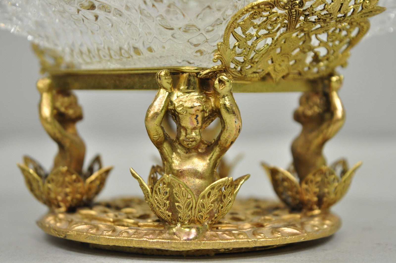 Vintage Brass Filigree Brides Basket Holder w/ Cherubs & 4 Ruffled Glass Dishes