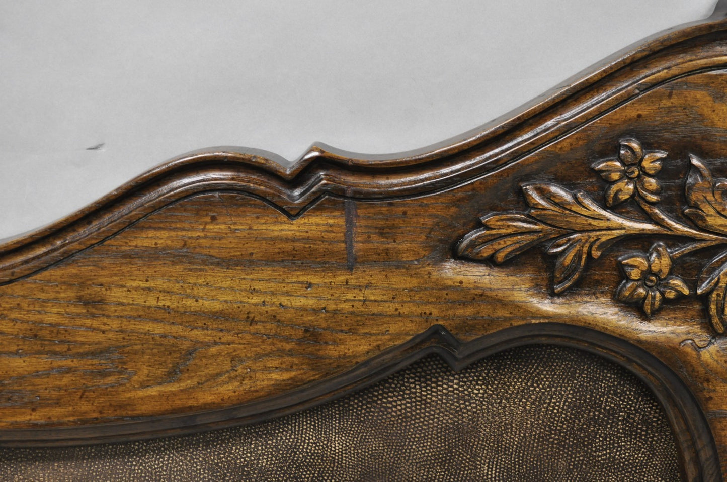 Vintage French Country Provincial Oak Wood Upholstered Panel King Bed Headboard