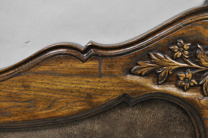 Vintage French Country Provincial Oak Wood Upholstered Panel King Bed Headboard
