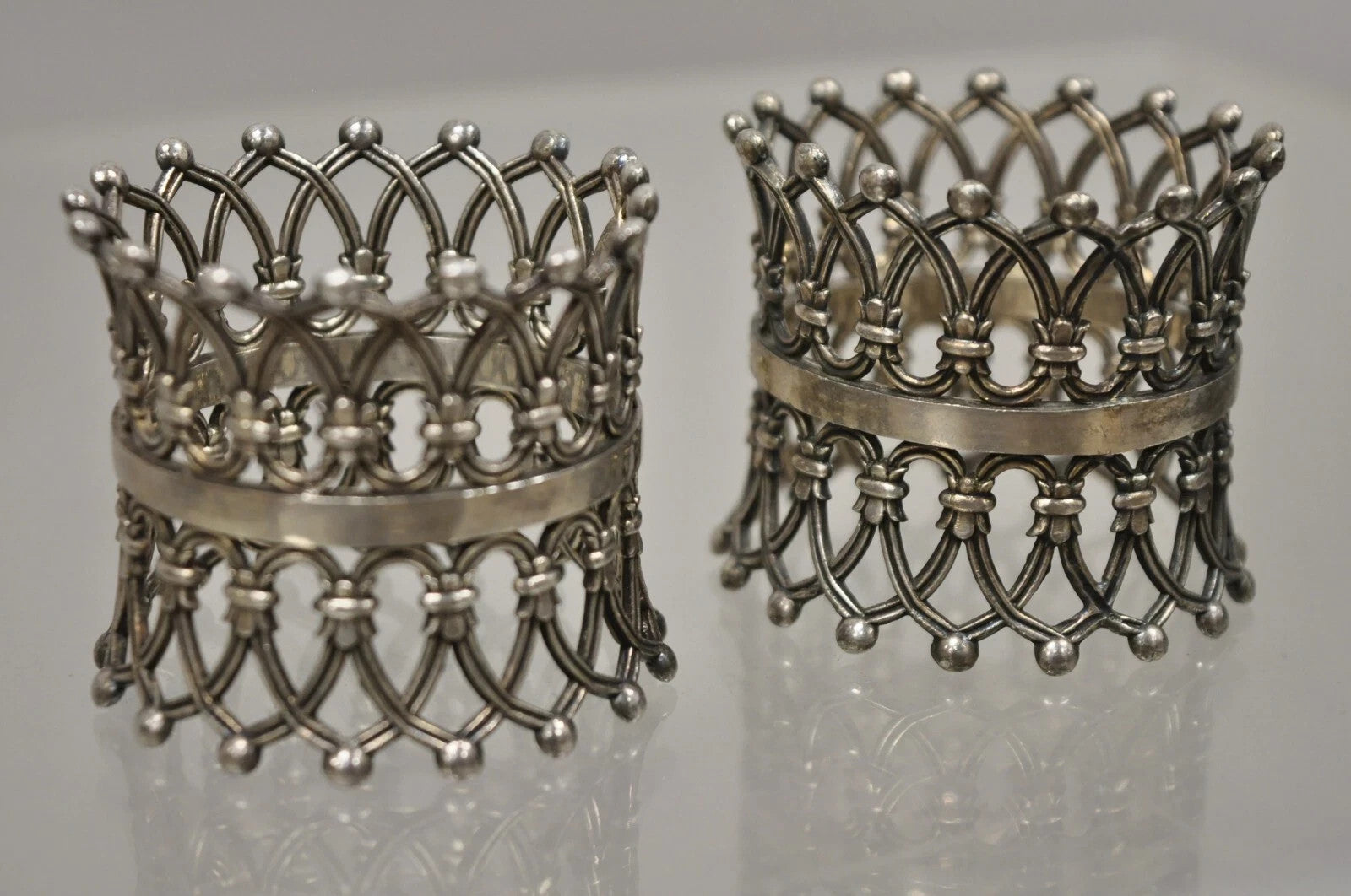 Antique English Victorian Silver Plated Fretwork Crown Napkin Rings - a Pair