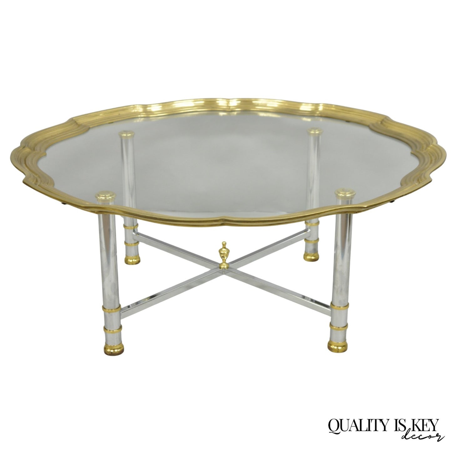 Vintage Maison Jansen Style Steel & Brass Scalloped Glass Tray Top Coffee Table