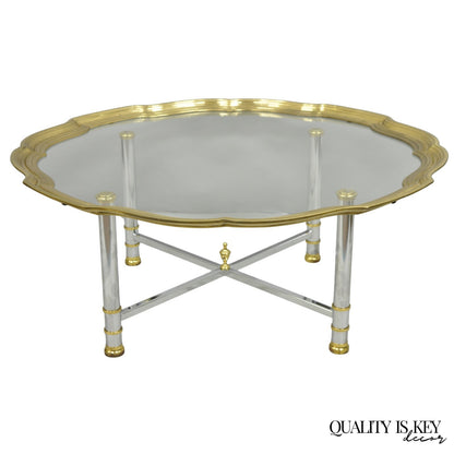 Vintage Maison Jansen Style Steel & Brass Scalloped Glass Tray Top Coffee Table