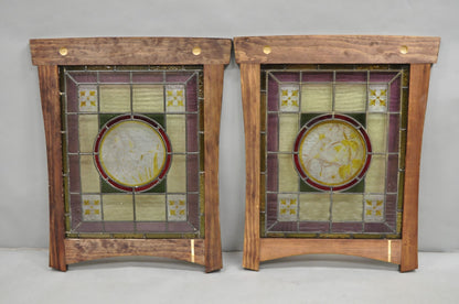 Antique French Art Nouveau Stained Leaded Glass Windows with Birds - a Pair
