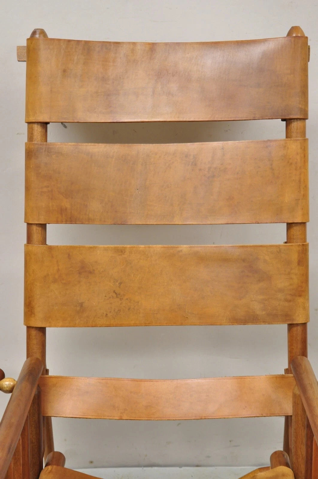 Costa Rican Campaign Style Teak Brown Leather Folding Rocker Rocking Chair