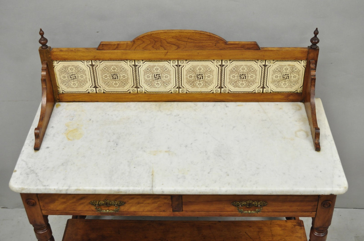 Antique Victorian Walnut Marble Top Washstand Good Luck Swastika Tile Backsplash