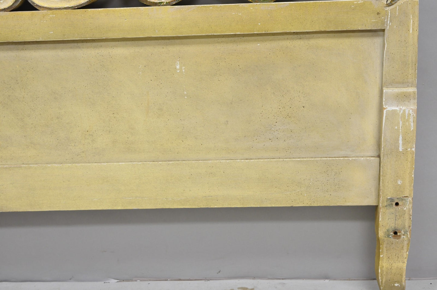 Vintage French Rococo Distressed Cream Painted Queen Size Wood Bed Headboard