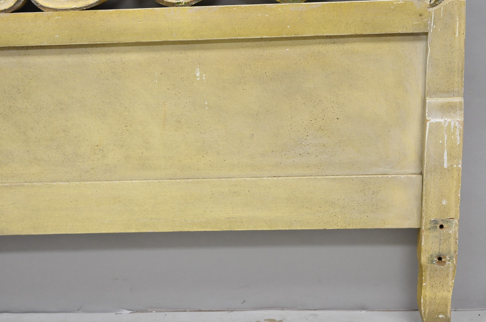 Vintage French Rococo Distressed Cream Painted Queen Size Wood Bed Headboard