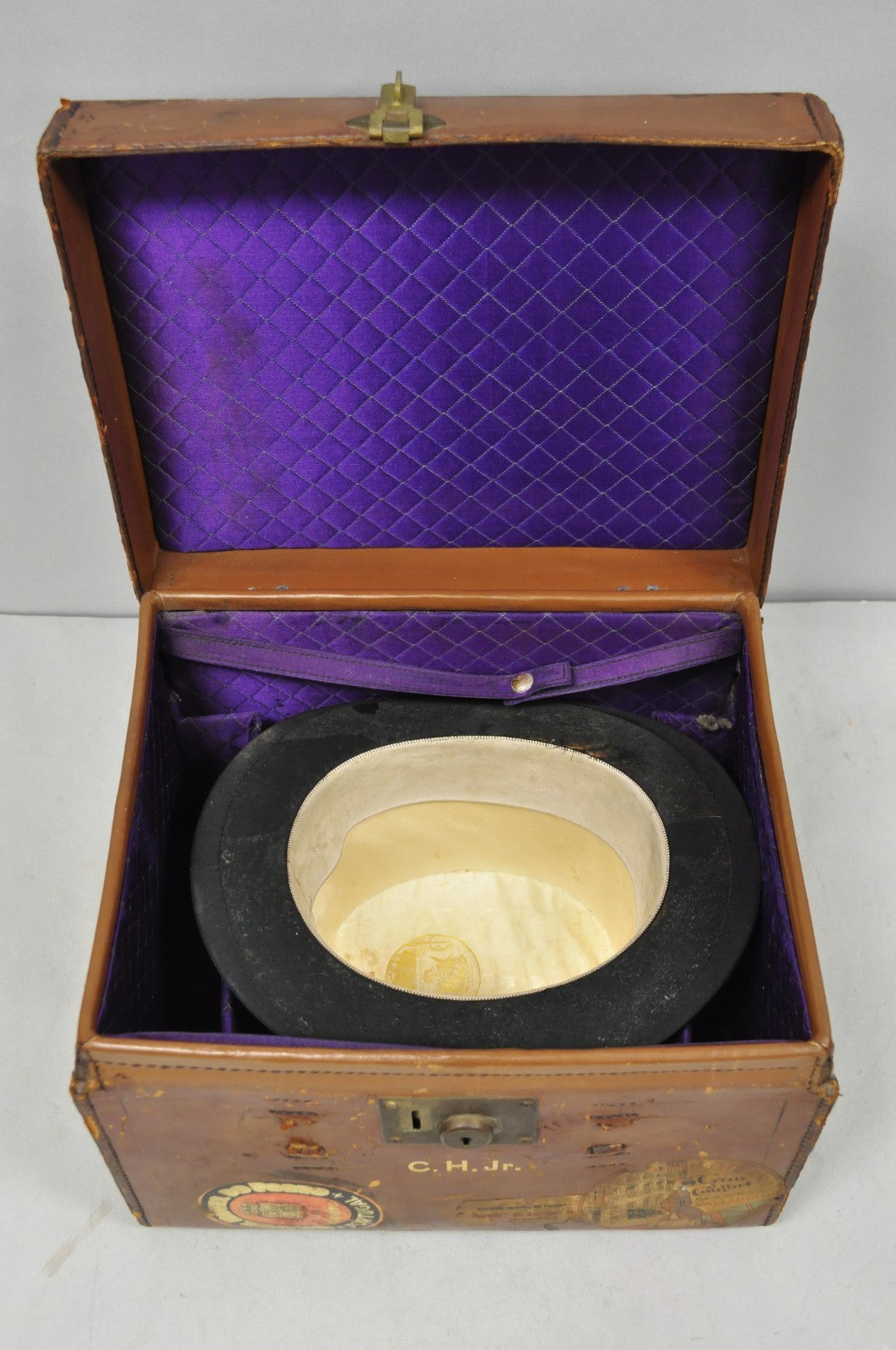 English Art Deco Brown Leather Travel Case Suitcase w/ Cunard Stickers & Top Hat